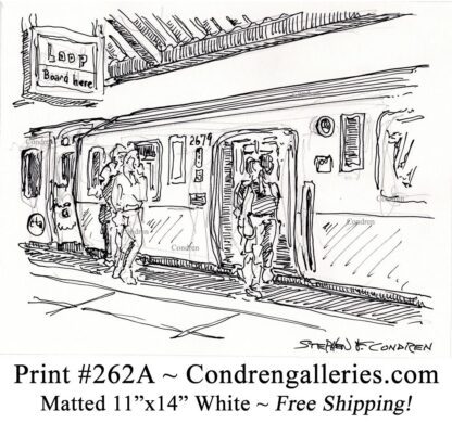 Chicago "L" train 262A as passengers enter pen & ink city scene drawing by Stephen Condren.