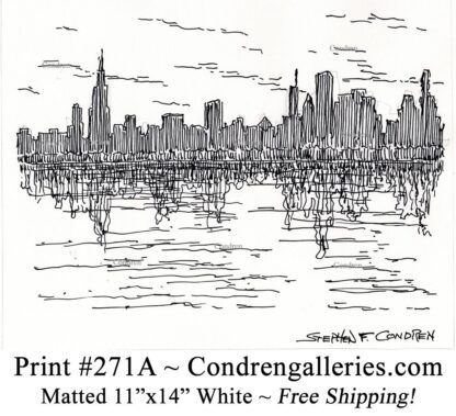 Chicago skyline 271A pen & ink cityscape drawing from Monroe Harbor in silhouette by Stephen Condren.