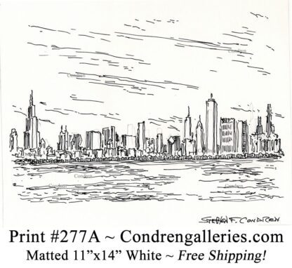 Chicago skyline 277A pen & ink cityscape drawing of downtown skyscrapers by Stephen Condren.