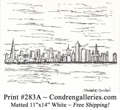 Chicago skyline 283A pen & ink cityscape drawing of downtown skyscrapers by Stephen Condren.