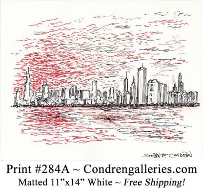 Chicago skyline 284A red, brown, black pen & ink cityscape drawing of downtown skyscrapers at sunset by Stephen Condren.