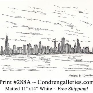 Chicago skyline 288A pen & ink cityscape drawing of downtown skyscrapers at sunset by Stephen Condren.