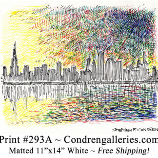 Chicago skyline 293A multi-color pen & ink cityscape drawing of downtown skyscrapers at sunset by Stephen Condren.