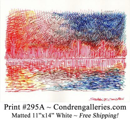 Chicago skyline 295A multi-color pen & ink cityscape drawing of downtown skyscrapers at sunset by Stephen Condren.