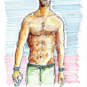 Chris Hemsworth 310A multi-color pen & ink, shirtless celebrity actor torso drawing by artist Stephen Condren.