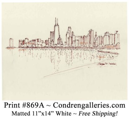 Chicago skyline #869A pen & ink cityscape drawing overlooking Lake Shore Drive by Stephen Condren.