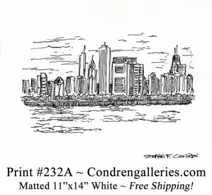 Chicago skyline 232A pen & ink cityscape drawing of skyscrapers on East Randolph Street by Stephen Condren.
