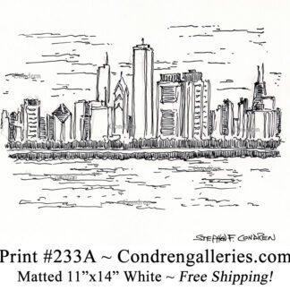 Chicago skyline 233A pen & ink cityscape drawing of skyscrapers on East Randolph Street by Stephen Condren.