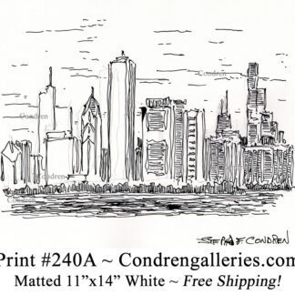 Chicago skyline 240A pen & ink cityscape drawing of skyscrapers on East Randolph Street by Stephen Condren.