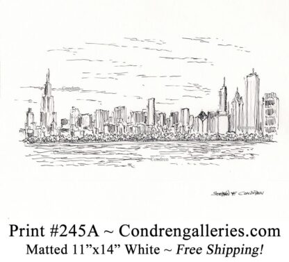 Chicago skyline 245A pen & ink cityscape drawing of skyscrapers in the downtown Loop by Stephen Condren.