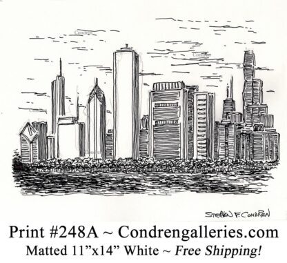 Chicago skyline 248A pen & ink cityscape drawing of skyscrapers on East Randolph Street and East Wacker Drive by Stephen Condren.