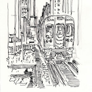 Chicago "L" train 249A pen & ink city scene drawing of an elevated train on tracks going around the Loop by Stephen Condren