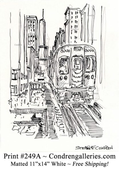 Chicago "L" train 249A pen & ink city scene drawing of an elevated train on tracks going around the Loop by Stephen Condren