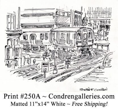 Chicago "L" train 250A pen & ink city scene drawing of an elevated train on tracks going around the Loop by Stephen Condren.