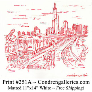 Chicago "L" train 251A red pen & ink city scene drawing of an elevated train coming out of an underpass by Stephen Condren.
