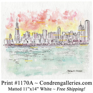 Chicago skyline #1170A pen & ink cityscape watercolor painting at sunset by Stephen Condren.