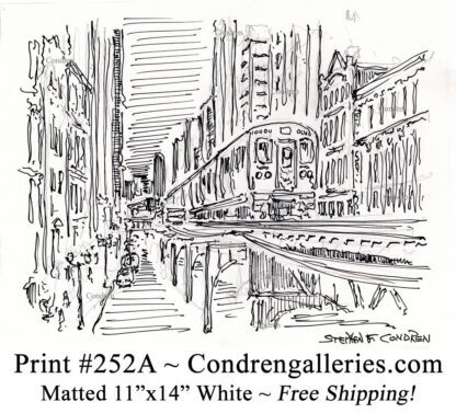 Chicago "L" train 252A pen & ink city scene drawing of an elevated train going north on Wabash Avenue by Stephen Condren.