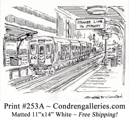Chicago "L" train 253A pen & ink city scene drawing of an elevated train approaching the platform by Stephen Condren.