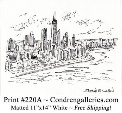 Chicago skyline 220A pen & ink cityscape drawing with view of the former John Hancock Center by artist Stephen Condren.