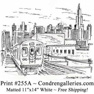 Chicago "L" train 255A pen & ink city scene drawing of "L" train with downtown skyline behind it by Stephen Condren.