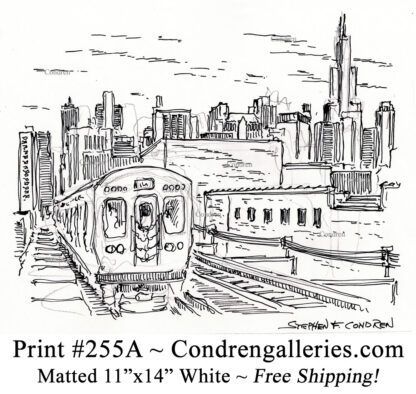 Chicago "L" train 255A pen & ink city scene drawing of "L" train with downtown skyline behind it by Stephen Condren.
