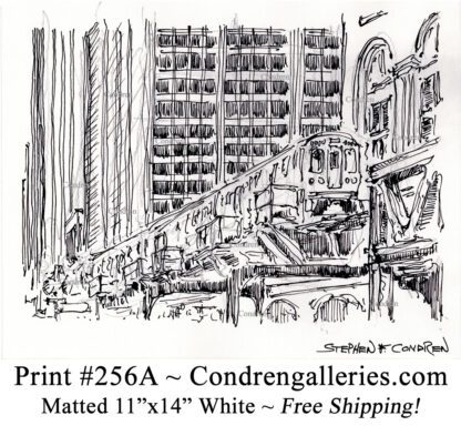 Chicago "L" train 256A pen & ink city scene drawing with Skyscrapers by Stephen Condren.