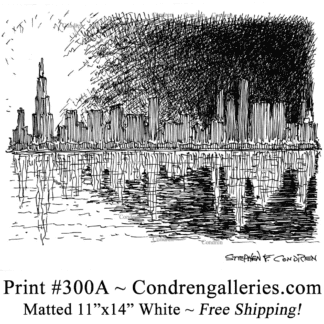 Chicago skyline 300A pen & ink cityscape drawing of downtown skyscrapers at sunset by Stephen Condren.