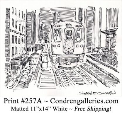 Chicago "L" train 257A in the Loop on the tracks pen & ink city scene drawing by Stephen Condren.