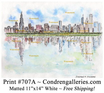 Chicago skyline #707A pen & ink cityscape watercolor from Lake Michigan by Stephen Condren.