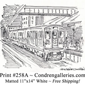 Chicago "L" train 258A in the Loop at the platform pen & ink city scene drawing by Stephen Condren.