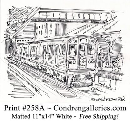 Chicago "L" train 258A in the Loop at the platform pen & ink city scene drawing by Stephen Condren.