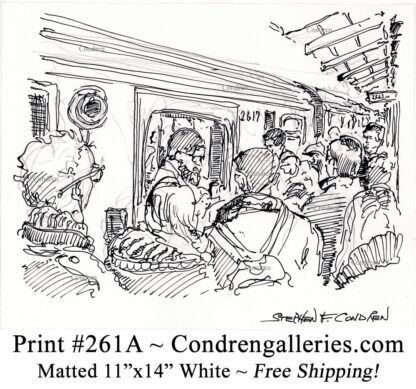 Chicago "L" train 261A with a crowd of passengers rushing to the entry pen & ink city scene drawing by Stephen Condren.