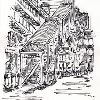 Chicago "L" train 263A staircase in the Loop downtown pen & ink city scene drawing by Stephen Condren.