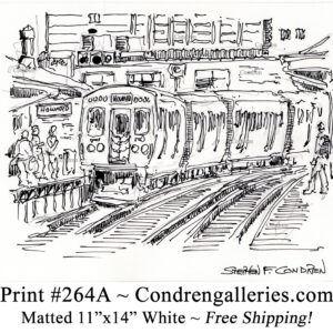 Chicago "L" train 264A approaching Howard Street platform with passengers waiting pen & ink city scene drawing by Stephen Condren.