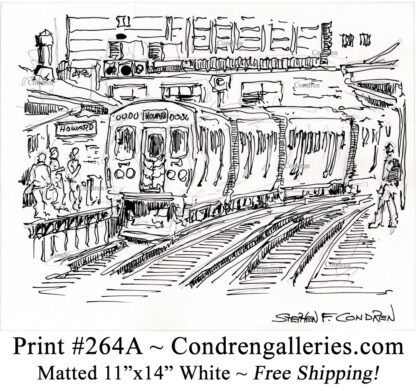 Chicago "L" train 264A approaching Howard Street platform with passengers waiting pen & ink city scene drawing by Stephen Condren.