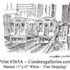 Chicago "L" train 265A next to Midway train pen & ink city scene drawing by Stephen Condren.