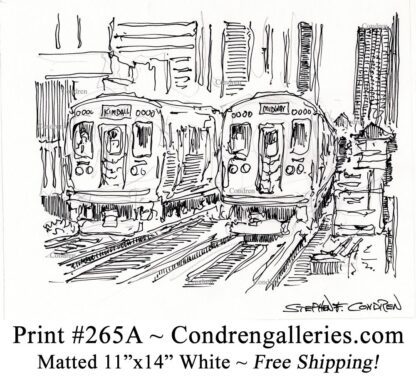 Chicago "L" train 265A next to Midway train pen & ink city scene drawing by Stephen Condren.