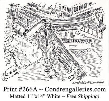 Chicago "L" train 266A wreck downtown in the Loop pen & ink city scene drawing by Stephen Condren.