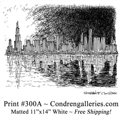 Chicago skyline 300A pen & ink cityscape drawing of downtown skyscrapers at sunset by Stephen Condren.