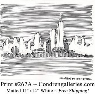 Chicago skyline 267A pen & ink cityscape drawing of Navy Pier in silhouette by Stephen Condren.