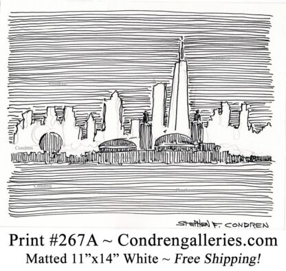 Chicago skyline 267A pen & ink cityscape drawing of Navy Pier in silhouette by Stephen Condren.