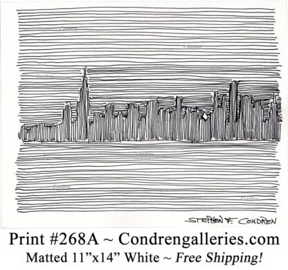 Chicago skyline 268A pen & ink cityscape drawing from Monroe Harbor in silhouette by Stephen Condren.