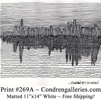 Chicago skyline 269A pen & ink cityscape drawing from Monroe Harbor in silhouette by Stephen Condren.