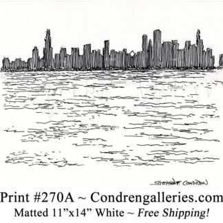 Chicago skyline 270A pen & ink cityscape drawing from Monroe Harbor in silhouette by Stephen Condren.