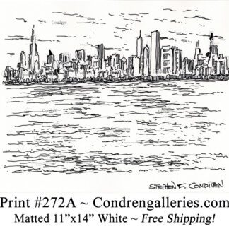 Chicago skyline 272A pen & ink cityscape drawing overlooking Monroe Harbor from Lake Michigan by Stephen Condren.