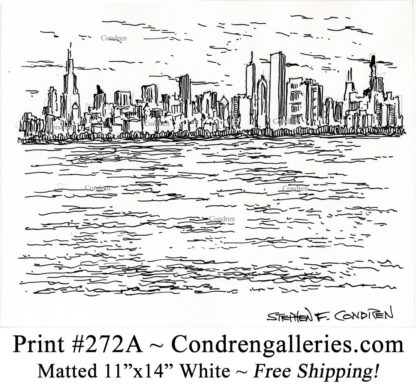 Chicago skyline 272A pen & ink cityscape drawing overlooking Monroe Harbor from Lake Michigan by Stephen Condren.