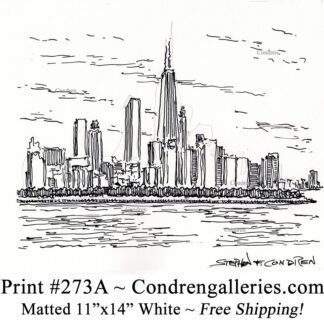 Chicago skyline 273A pen & ink cityscape drawing of the near north side overlooking Lake Michigan by Stephen Condren.