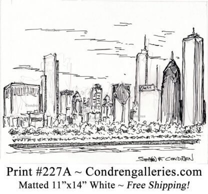 Chicago skyline 227A pen & ink cityscape drawing of skyscrapers in the Loop from Grant Park by Stephen Condren.