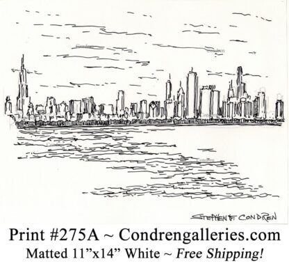 Chicago skyline 275A pen & ink cityscape drawing of downtown skyscrapers by Stephen Condren.