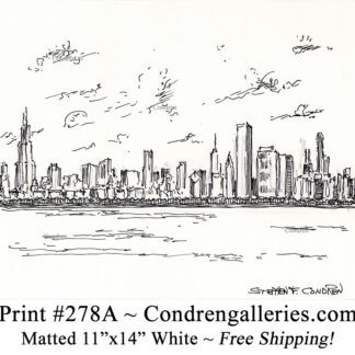 Chicago skyline 278A pen & ink cityscape drawing of downtown skyscrapers by Stephen Condren.
